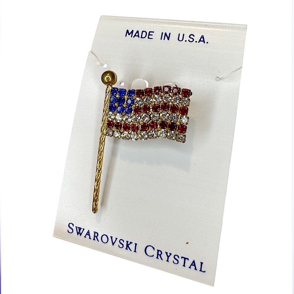 NIB Gold American Flag Swarovski Red White & Blue Crystal Gemstone Brooch Pin